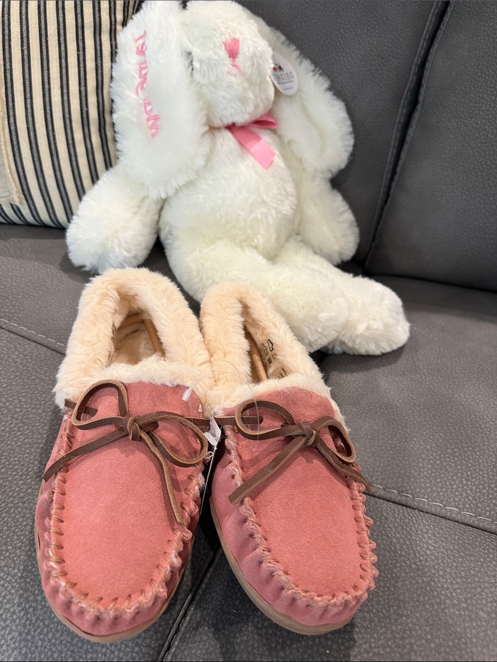 J. Crew Pink Suede Moccasin Slippers with Cream Faux Fur Trim